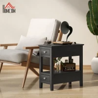 HOMCOM Narrow Side Table with Charging Station, USB Ports, Modern End Table with Storage Shelf, Drawers for Living Room, Black(m-1)