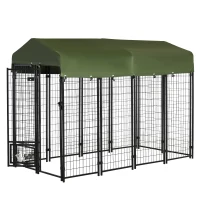 PawHut Outdoor Dog Kennel, Lockable Pet Playpen Crate, Welded Wire Steel Fence, Rotating Bowl Holders, Green(m-2)