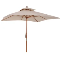 Outsunny 10x10ft Wood Square Patio Umbrella Garden Market Parasol Sunshade Canopy with 2 Pulley Pagoda Style, Khaki(m-11)