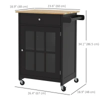 HOMCOM Rolling Kitchen Cart with Drawer and Glass Door Cabinet, Kitchen Island on Wheels with Towel Rack, Black(m-3)