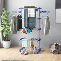 HOMCOM Garment Drying Rack Stainless Steel Folding Clothes Hanging Rack with Side Wings Castors for Indoor Outdoor Blue(m-8)