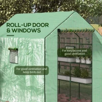 Outsunny 4.6' x 4.7' Portable Greenhouse, Water/UV Resistant Walk-In Small Outdoor Green House with 2 Tier U-Shaped Flower Rack Shelves, Roll Up Door & Windows, Green(m-6)