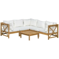 Outsunny 6 Piece Wood Patio Furniture Set, Outdoor Sectional Sofa with Cushions and Coffee Table, Acacia Wood Conversation Set Couch, Cream White(m-11)