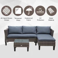 Outsunny 3 Piece Wicker Patio Furniture Set Outdoor Sofa Set with Glass Tabletop, Cushions Metal Frame for Balcony, Patio, Grey(m-7)