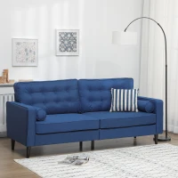 HOMCOM Mid-Century Sofa, Couch with Button-Tufted Back Cushion, Velvet Feel Fabric Upholstery, 2 Cylindrical Pillows and Rubber Wood Legs for Living Room, Dark Blue(m-1)