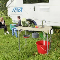 Outsunny Folding Fish Cleaning Table with Sinks, Portable Camping Sink Table with Faucet, Drainage Hose, Sprayer, Shelf, Drawer and Storage Basket, Outdoor Fillet Table for Picnic Beach Patio, Tan(m-10)