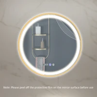 HOMCOM 28" Round Bathroom Mirror with LED Lights, Wall Mounted Vanity Mirror with Anti-Fog Pad, Time and Temp Display, Gold(m-9)