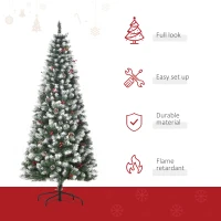 HOMCOM 6ft Decorated Christmas Tree with Red Berries and Pine Cones, Flocked Christmas Tree with Pencil Shape, Green(m-4)