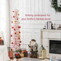 HOMCOM 6ft Snow-Flocked Artificial Christmas Tree, Slim Pencil Xmas Tree with 395 Realistic Branches, Metal Base, Pink(m-4)