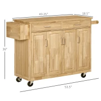 HOMCOM Kitchen Island on Wheels, Natural Hardwood Kitchen Cart with Drawers, Storage Cabinets, and Tool Caddy, Microwave Cart for Dining Room, 54 Inches Wide(m-3)
