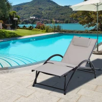 Outsunny Outdoor Lounge Chair with Breathable Mesh Fabric Seat, 5-Level Adjustable Reclining Chair with Aluminum Frame, Headrest Pillow, Adjustable Footrest, Beige(m-8)