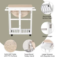 HOMCOM Kitchen Trolley 3 Piece Kitchen Cart Set Drop Leaf Breakfast Table and 2 Stools w/ Rolling Wheels & Towel Bars, Wood & White(m-4)