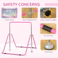 Qaba Folding Gymnastics Bar for Kids with Shock Absorption, Adjustable Gymnastics Horizontal Bar, Gymnastics Kip Bar for Home Use, Pink(m-7)