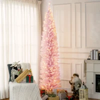 HOMCOM 8ft Pencil Christmas Tree, Slim Artificial Christmas Tree with Realistic Branches and Warm White LED Lights, Pink(m-2)