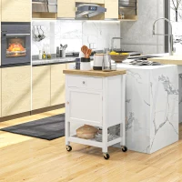 HOMCOM Kitchen Island on Wheels, Rolling Kitchen Cart with Rubberwood Top, Drawer, Wine Rack and Cabinet, White(m-7)