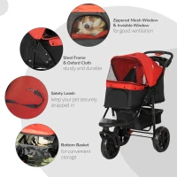 PawHut 3 Wheel Folding Dog Stroller, Travel Carrier with Adjustable Canopy, Storage Brake, Mesh Window for S&M Dogs, Red(m-6)