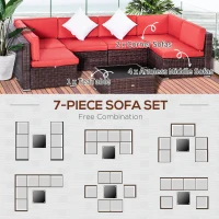 Outsunny 7 Pieces Patio Wicker Sofa Set, Outdoor PE Rattan Sectional Conversation Furniture Set w/ Tempered Glass Coffee Table & Cushion for Garden, Backyard, Red(m-6)