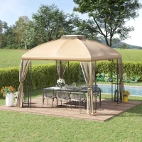 Outsunny 10' x 10' Outdoor Patio Gazebo Canopy with Double Tier Roof, Removable Mesh Nettings, Display Shelves, Beige(m-1)