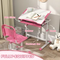 Qaba Height Adjustable Kids Desk and Chairs Set with Tilt Desktop, Storage Drawer, Pen Slot, Hook, Pink(m-5)
