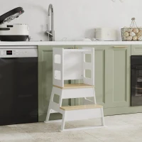 Qaba 2 in 1 Toddler Tower Kitchen Helper w/ Chalkboard, Safety Rail, for Counter, Bathroom, Sink, Kitchen, White(m-8)