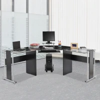 HOMCOM 69" Modern L-Shaped Tempered Glass Office Computer Desk with Elevated Monitor Stand, Rolling CPU Holder, Pull Out Keyboard Tray and Steel Frame, Black(m-9)