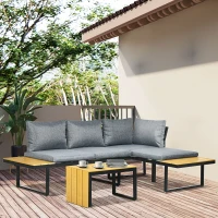 Outsunny 3 Piece Patio Furniture Set with Cushions, Aluminum Frame Outdoor Conversation Sofa Set w/ Two Loveseats and Wood Grain Plastic Top Coffee Table/Side Table, Dark Gray(m-10)