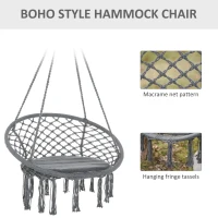 Outsunny Patio Hammock Chair, Hanging Rope Hammock Swing for Indoor & Outdoor Use with Backrest, Cotton-Polyester Blend, Fringe Tassels, Dark Grey(m-4)