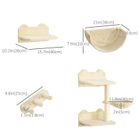 PawHut Cat Wall Shelves, 3PCs Cat Shelves with Hammock, Scratching Post, 3 Steps, Jumping Platforms, Wall Mounted Cat Climber, Beige(m-3)