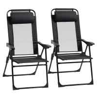 Outsunny Folding Patio Dining Chairs Set of 2, Outdoor Deck Chair with Adjustable Sling Back, Camping Chair with Removable Headrest for Garden, Backyard, Lawn, Black(m-11)