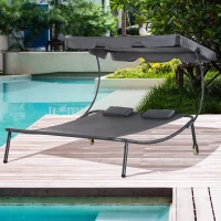 Outsunny Patio Double Chaise Lounge Chair, Outdoor Wheeled Hammock Daybed with Adjustable Canopy and Pillow for Sun Room, Garden, or Poolside, Grey(m-2)
