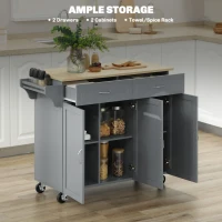 HOMCOM Kitchen Cart with Storage, Rolling Kitchen Island on Wheels with Bamboo Countertop, Drawers, Cabinets, 3 Doors, Grey(m-7)