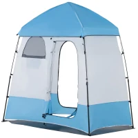Outsunny Pop Up Shower Tent, Portable Privacy Shelter for 2 Persons, Changing Room with 2 Windows, 3 Doors, Carrying Bag, Grey and Blue(m-2)