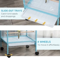 PawHut 55.1" 2 In 1 Bird Cage Aviary Parakeet House for finches, budgies with Wheels, Slide-out Trays, Wood Perch, Food Containers, Light Blue(m-6)