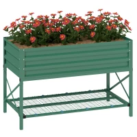 Outsunny Galvanized Raised Garden Bed, Metal Planter Box with Legs, Storage Shelf and Bed Liner, Green(m-1)