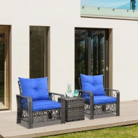 Outsunny 3 Pieces Wicker Patio Furniture Set, Rattan Bistro Set with Storage Coffee Table and Thickened Cushions, Outdoor Conversation Set for Garden, Porch, Balcony, Blue(m-1)
