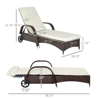 Outsunny Wicker Chaise Lounge, Outdoor Lounge Chair, PE Rattan Patio Sun lounger with Head-rest, 5-Level Height Adjust Backrest, Cushion & Wheels, Mixed Brown and Cream White(m-3)