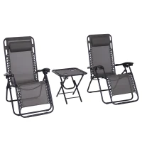 Outsunny Zero Gravity Chair Set of 2 Patio Chair with Side Table Cupholders and Pillows for Pool, Backyard, Lawn, Beach, Grey(m-2)