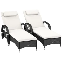 Outsunny 2 Reclining Chaise Lounge Chairs, Rolling Outdoor Chairs with Cushion, Pillow, Headrest, Armrests, and Wheels, Cream(m-1)
