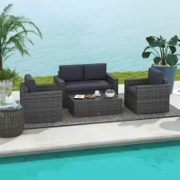 Outsunny Outdoor Furniture with Table, Wicker Furniture with Loveseat and 2 Chair for Garden, Poolside, Grey(m-8)