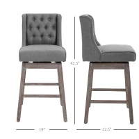 HOMCOM Bar Height Bar Stools Set of 2, 180 Degree Swivel Barstools with Solid Wood Footrests and Button Tufted Design, 30" Seat Height Bar Chairs for Kitchen Island, Gray(m-3)