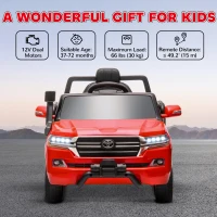 Qaba 12V Toyota LAND CRUISER Licensed Kids Car w/ Remote Control, Four Wheel Spring Suspension, Soft Start, LED Light, Red(m-9)