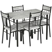 HOMCOM 5 Pieces Diner Tables Dining Room Sets for 4 People with Marble Effect Tabletop Padded Chairs and Metal Frame Grey(m-11)