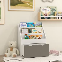 Qaba Kids Bookshelf with 3 Tier Display Shelves, Drawer for Nursery, Grey(m-8)