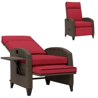 Outsunny Outdoor Recliner Chair with Adjustable Backrest, Cushion, Side Tray, Wine Red(m-2)