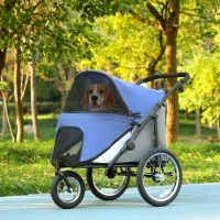 PawHut 3 Wheels Dog Stroller w/ One-Hand Fold, Rubber Wheels, Storage Bag, Soft Cushion, for Small & Medium Dogs, Blue(m-10)