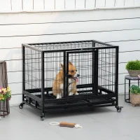 PawHut Heavy Duty Dog Crate Cage for Medium Small Dogs Cats with Two Doors, Lockable Wheels, Removable Tray, 36" x 24" x 27"(m-1)