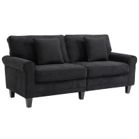 HOMCOM Modern 3-Seater Sofa 78" Thick Padded Comfy Couch with 2 Pillows, Corduroy Fabric Upholstery, Pine Wood Legs and Rounded Arms for Living Room, Black(m-1)
