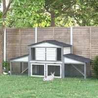 PawHut 89"L Outdoor Rabbit Hutch, Guinea Pig Cage Indoor Outdoor Wooden Bunny Hutch with Double Runs, Weatherproof Roof, Removable Tray, Ramps, Gray(m-10)