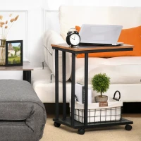 HOMCOM Mobile Sofa Side Table, C Shaped End Table Couch Table with Metal Mesh Shelf, Rolling Castors for Living Room, Bedroom, Rustic Brown(m-7)