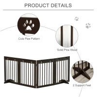 PawHut Freestanding Pet Gate with Two-Direction Hinges, Removable Feet, Foldable Wooden Dog Fence with Paw Carved, 24" x 20", Espresso Brown(m-5)